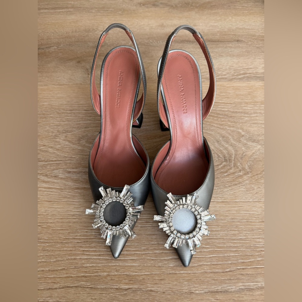 Amina Muaddi Slingback Heels in gunmetal grey